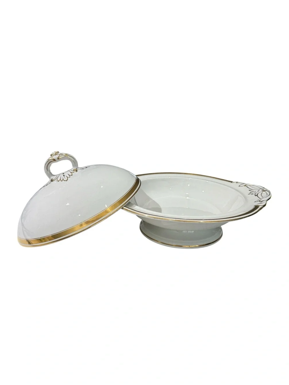 VTG White & Gold Trim Porcelain Covered Footed Serving Dish 10
